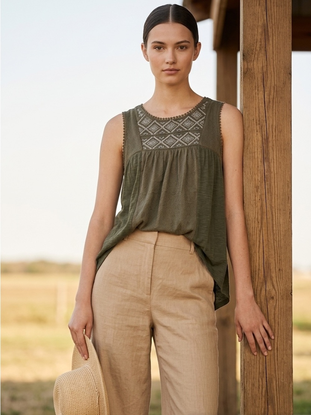 Knox Rose Embroidered Tank Top Size S Green Sleeveless Blouse Boho